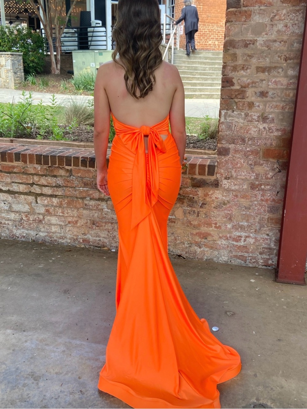 Strapless Orange Bow-Back Prom Dress